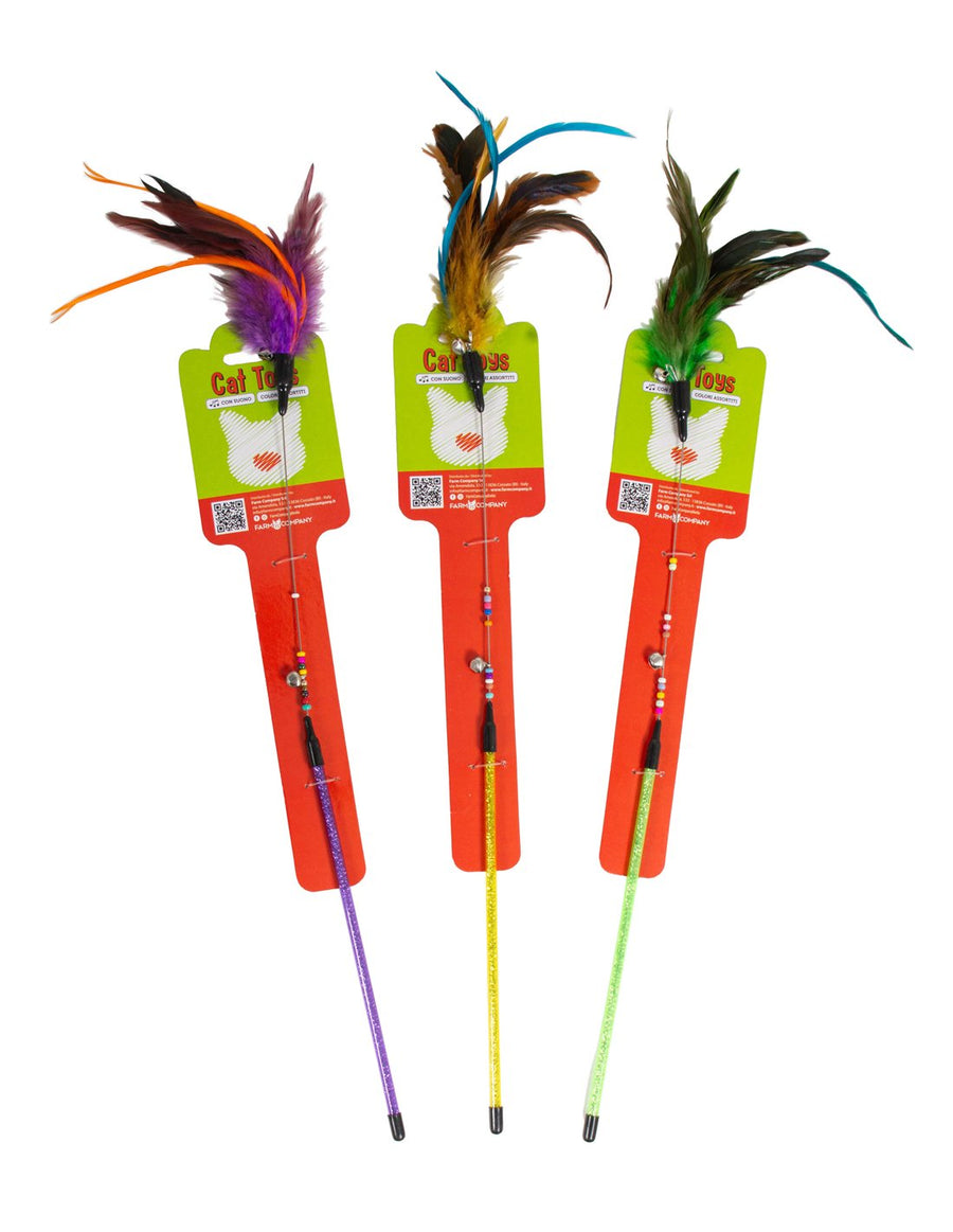 Farm Company - Bacchetta gatto con molla, sonagli e piume colorate 47cm